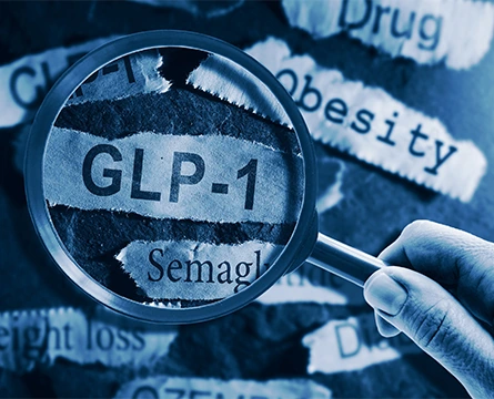 magnifying glass hovering over text that reads "GLP-1"